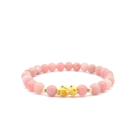 18K Gold Dragon Pixiu Piyao Lucky Charm Beads Bracelet Gemstones Natural Pink Op
